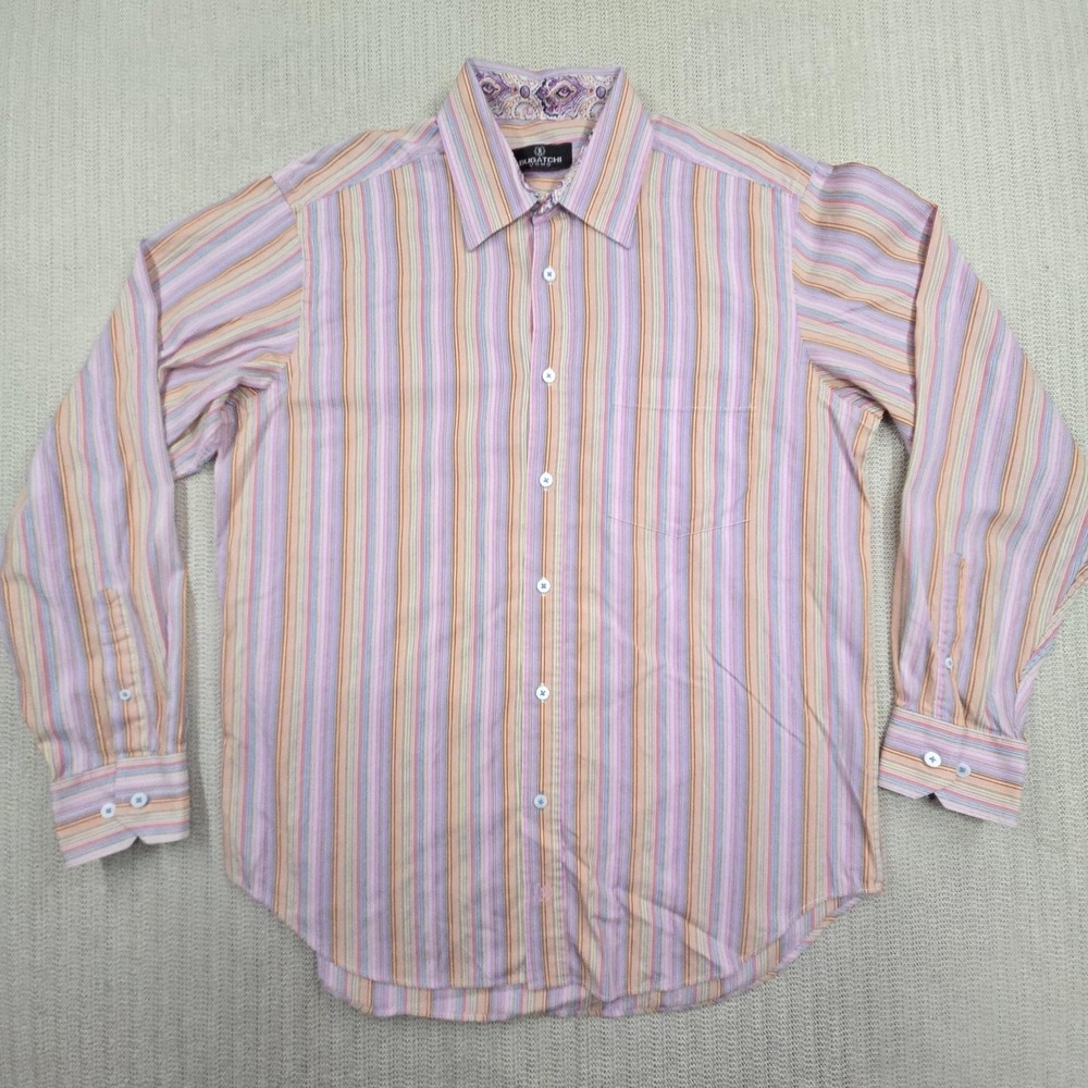 Bugatchi Shirt Mens Large Multicolor Stripe Long Sleeve Button Up Contrast Trim‎